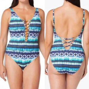 Bleu Rod Beattie Sun, Sea And Sand Lattice Front One Piece Swimsuit Size 8